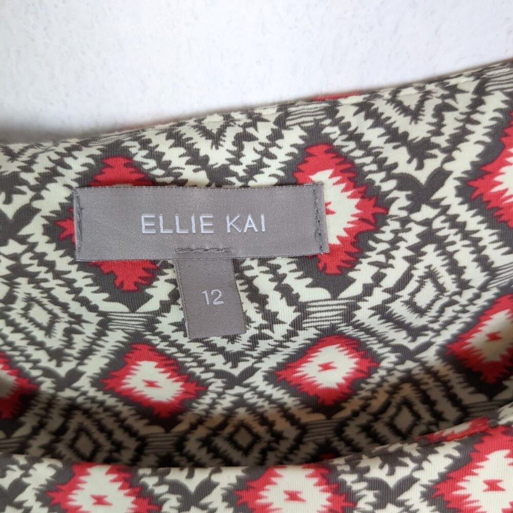 Ellie Kai Blouse 12 Brown Coral Ikat Print Boat Neck Long Sleeve - Picture 6 of 7